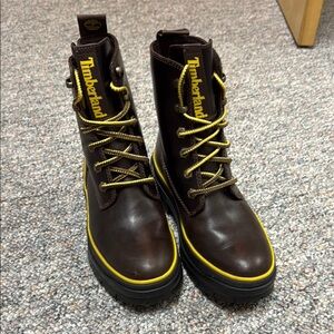 Timberland Dark Brown Boots with Yellow Highlights. Size 6